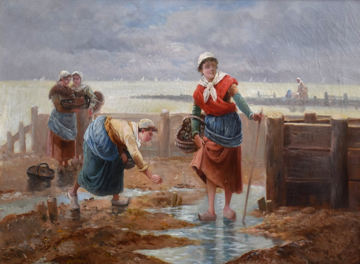 Teresa Durazzo Doria (1805-1895) 19th Century Pair Of Paintings Lively Scenes, Fishing At Low Tide. -photo-4