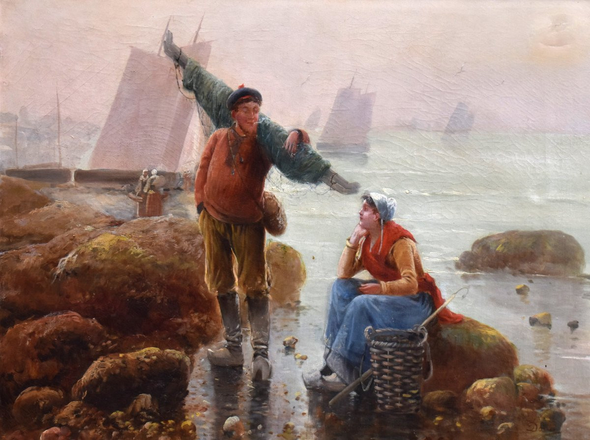 Teresa Durazzo Doria (1805-1895) 19th Century Pair Of Paintings Lively Scenes, Fishing At Low Tide. -photo-4