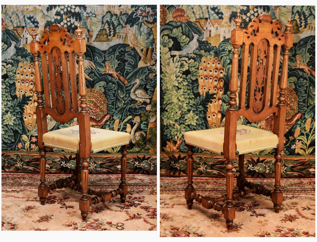 Pair Of Renaissance Style Chairs - Henri II In Solid Oak And Small Dot Fabric.   -photo-1