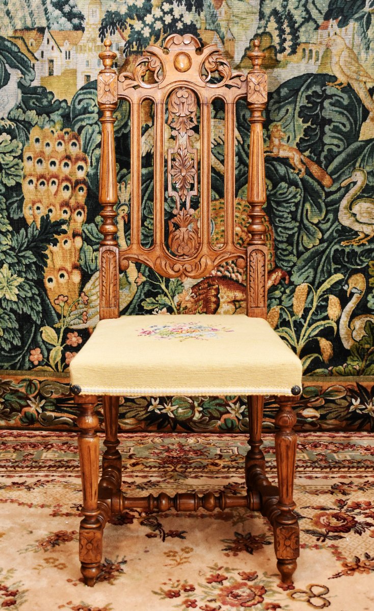 Pair Of Renaissance Style Chairs - Henri II In Solid Oak And Small Dot Fabric.   -photo-2