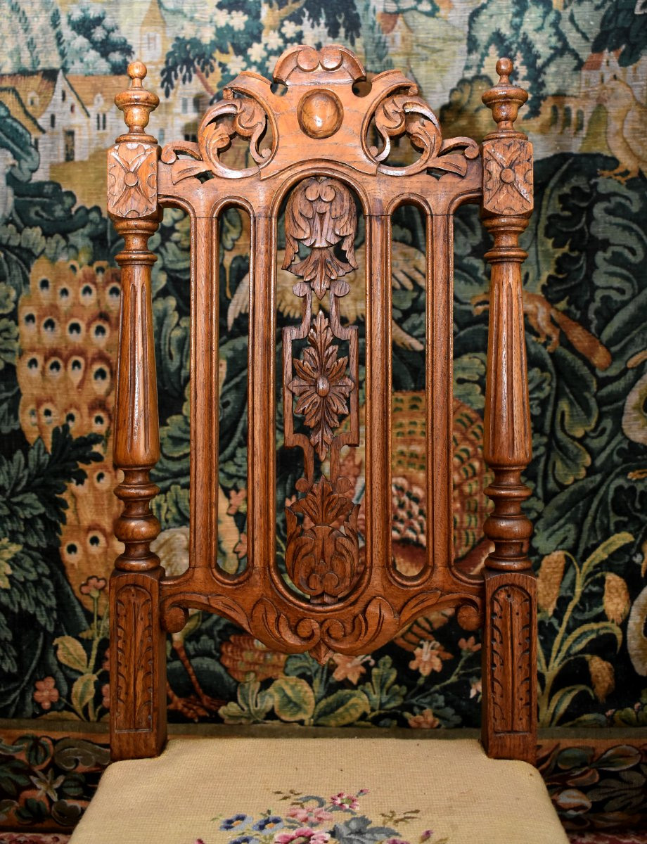 Pair Of Renaissance Style Chairs - Henri II In Solid Oak And Small Dot Fabric.   -photo-3