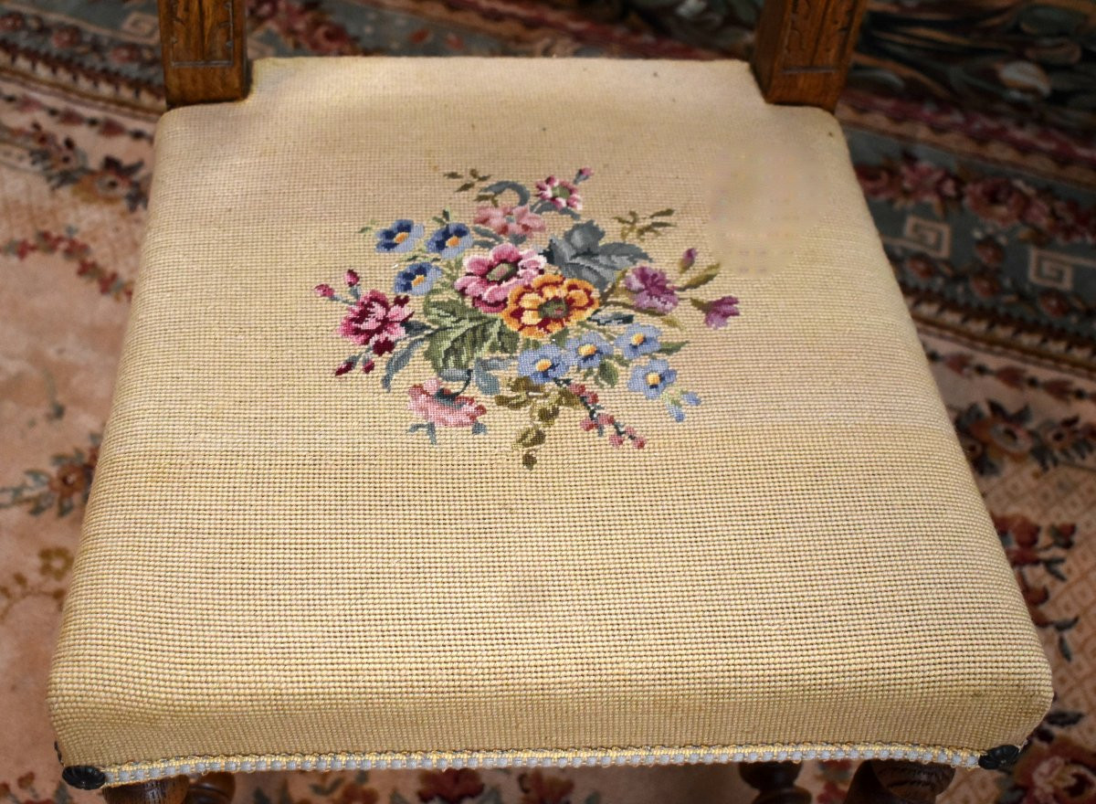 Pair Of Renaissance Style Chairs - Henri II In Solid Oak And Small Dot Fabric.   -photo-7