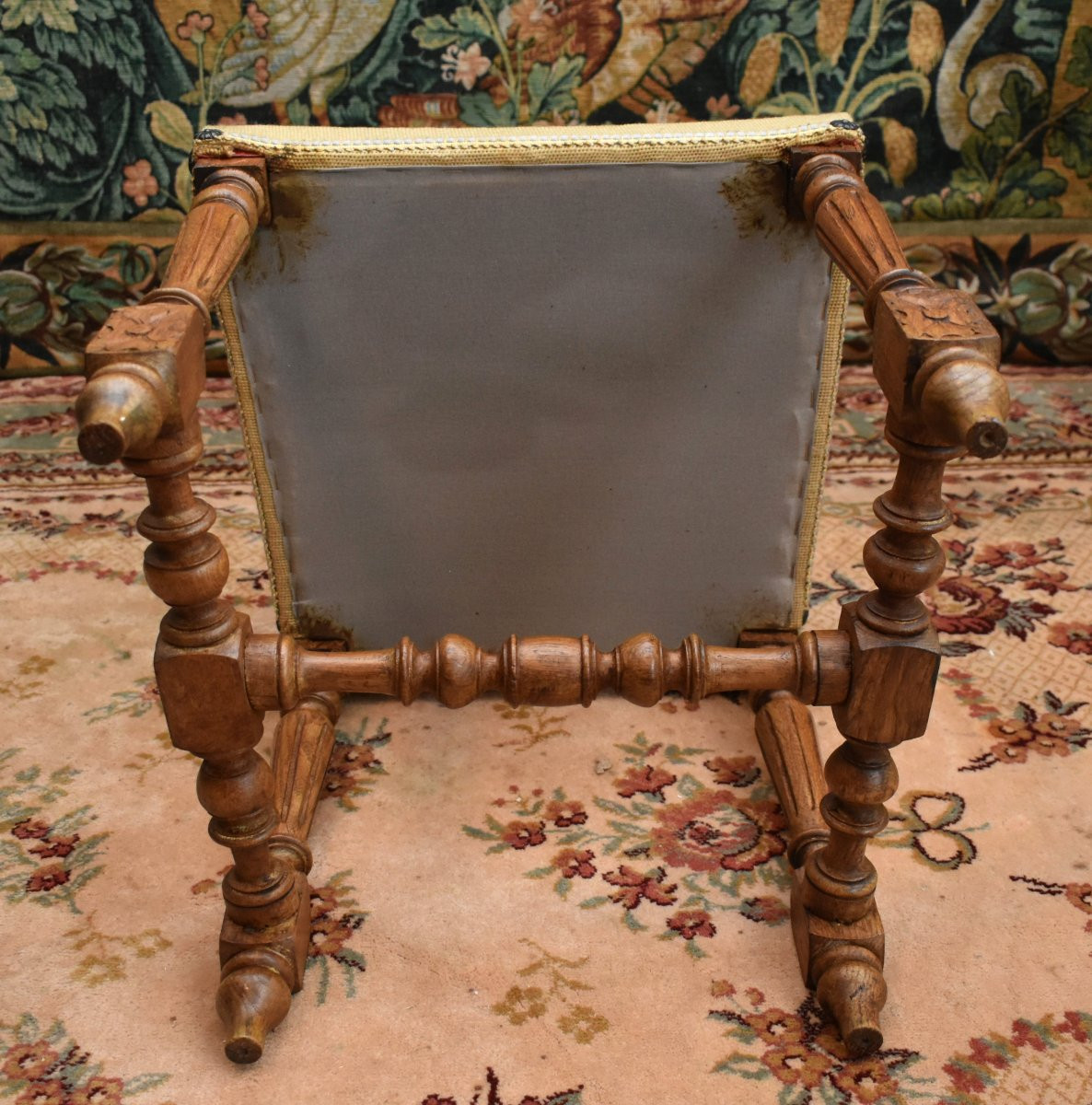 Pair Of Renaissance Style Chairs - Henri II In Solid Oak And Small Dot Fabric.   -photo-8
