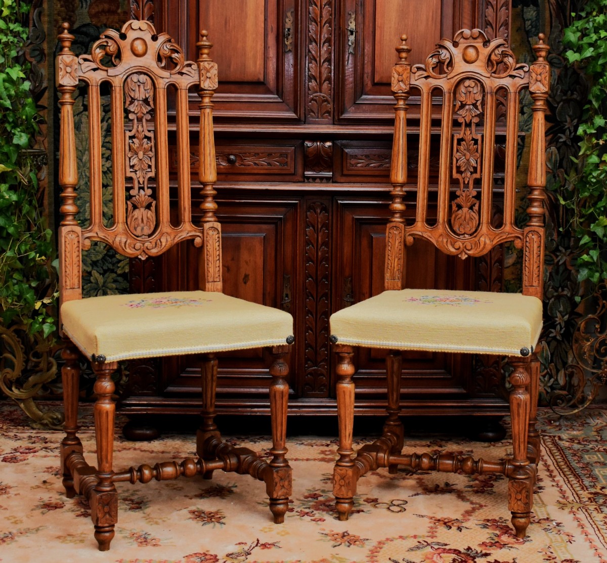 Pair Of Renaissance Style Chairs - Henri II In Solid Oak And Small Dot Fabric.   