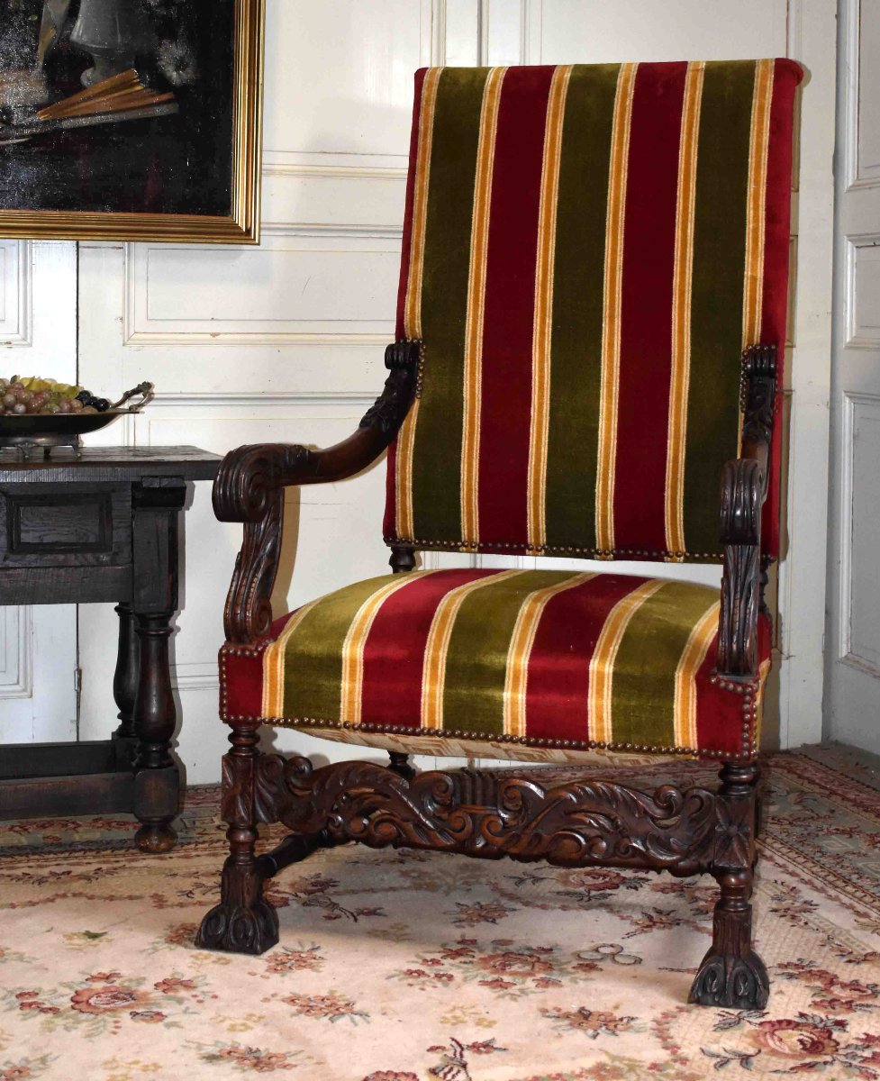 Pair Of Large Carved Armchairs In The Louis XIII Renaissance Style With High Backs, Walnut, 19th Century-photo-3