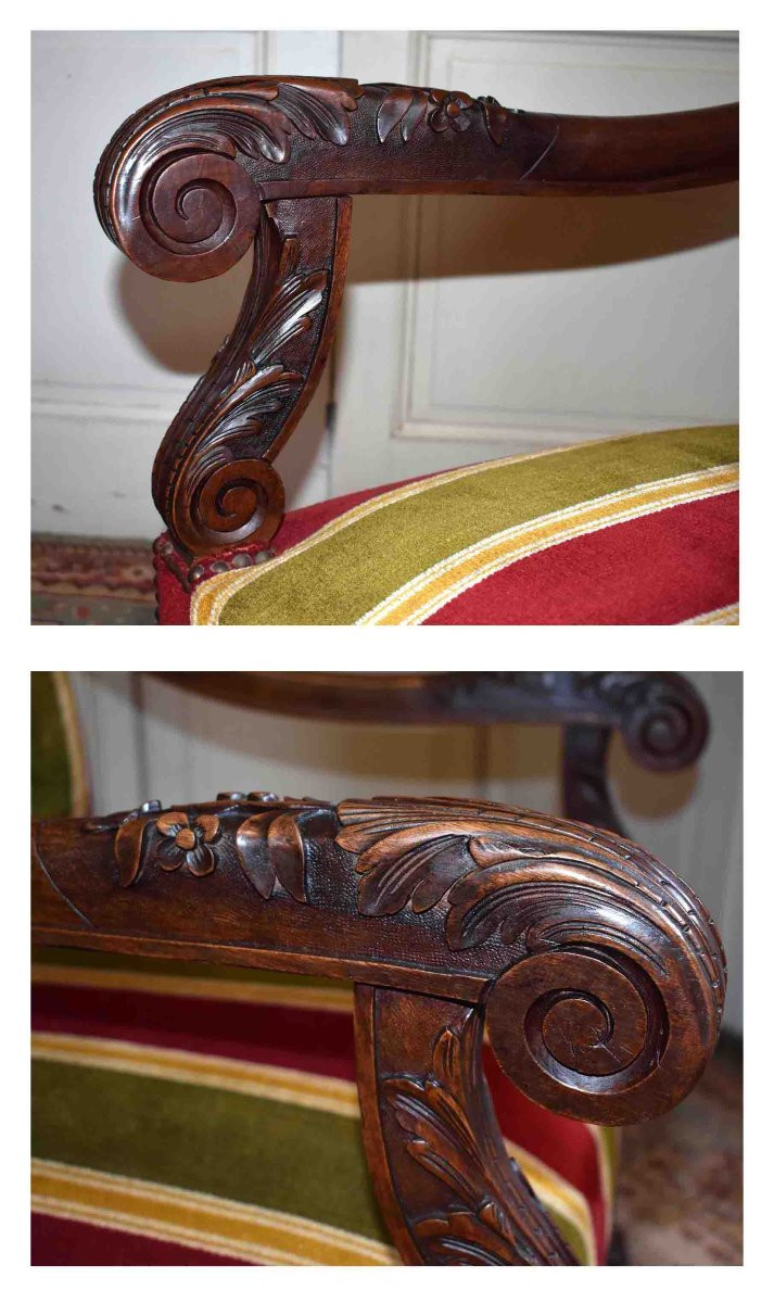 Pair Of Large Carved Armchairs In The Louis XIII Renaissance Style With High Backs, Walnut, 19th Century-photo-2
