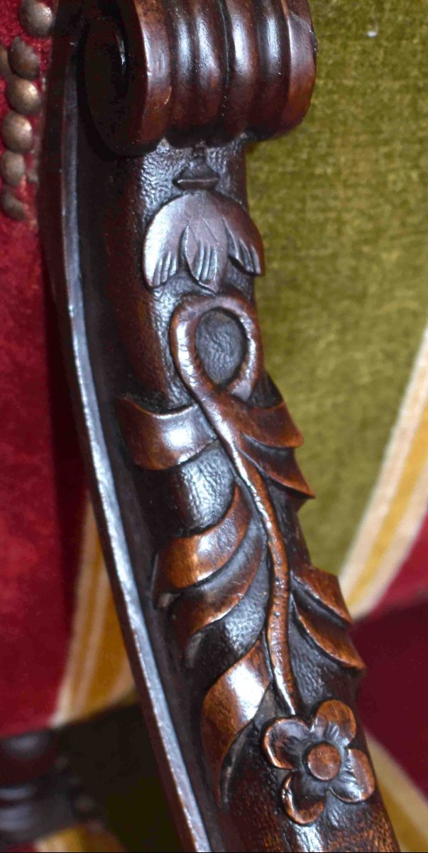 Pair Of Large Carved Armchairs In The Louis XIII Renaissance Style With High Backs, Walnut, 19th Century-photo-6