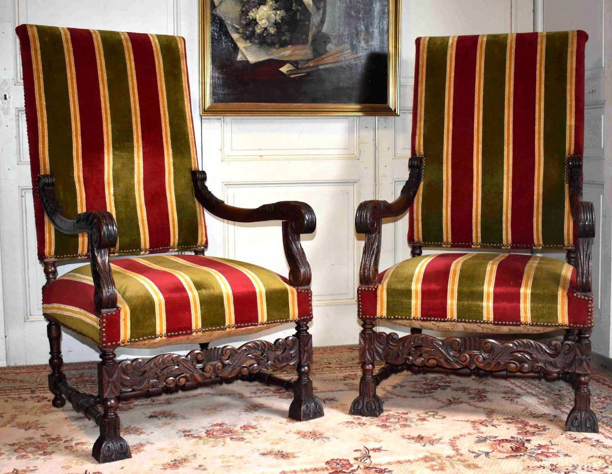 Pair Of Large Carved Armchairs In The Louis XIII Renaissance Style With High Backs, Walnut, 19th Century