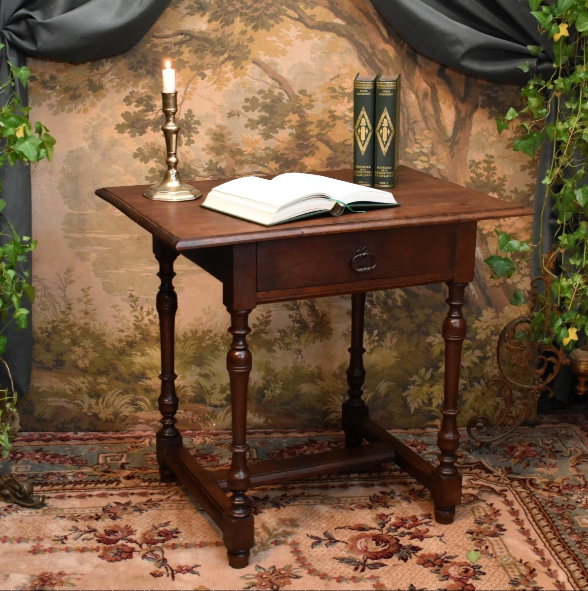 Petite Table d'Appoint, Petit Bureau Ou Meuble Volant De Style Louis XIII - Louis XIV En Chêne-photo-3