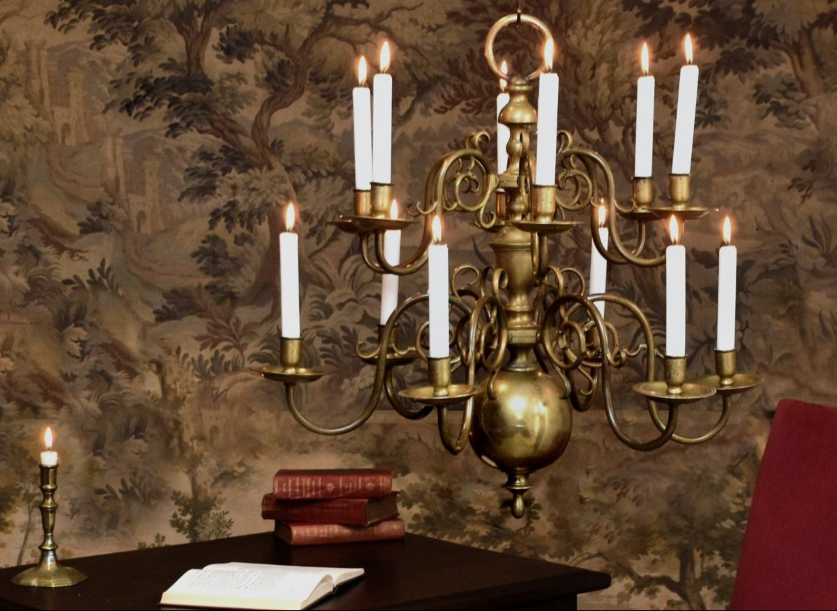 Dutch Chandelier In Bronze And Brass With 12 Lights On 2 Levels, Candle Lighting-photo-3