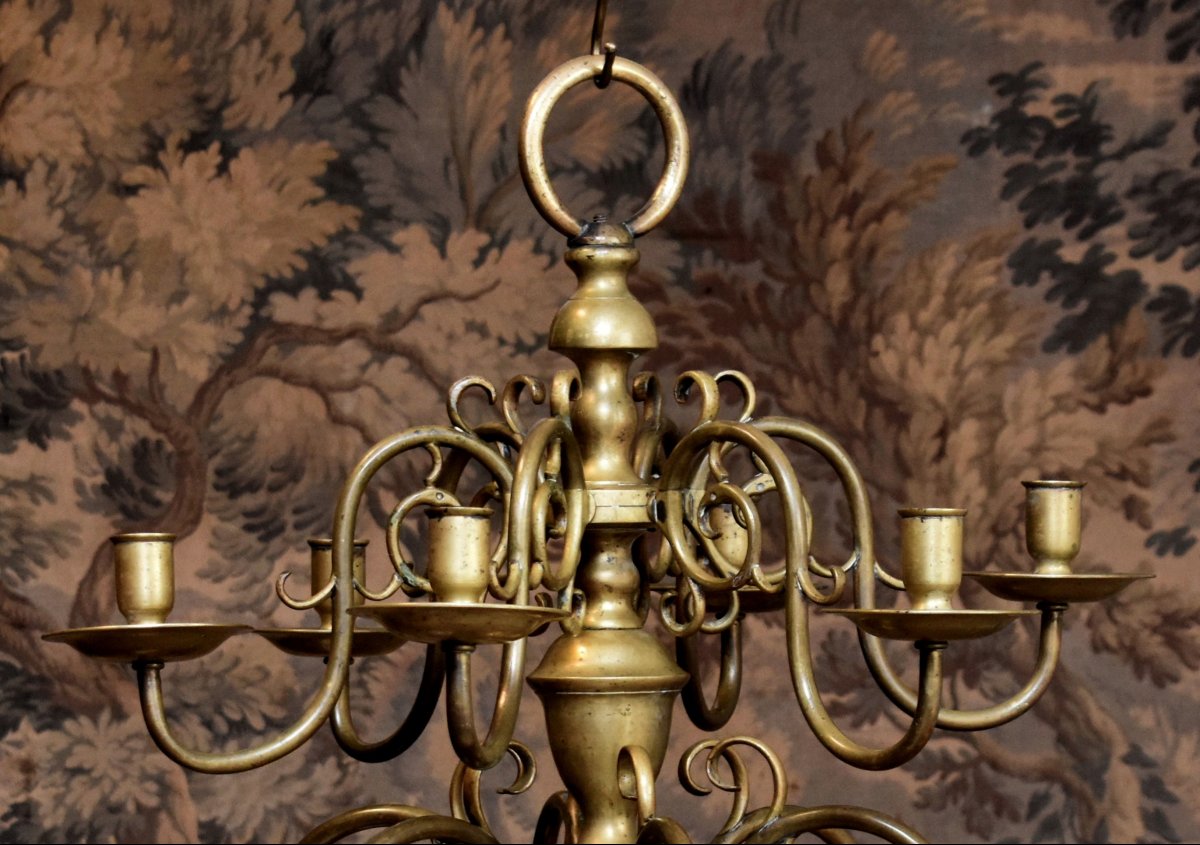 Dutch Chandelier In Bronze And Brass With 12 Lights On 2 Levels, Candle Lighting-photo-3