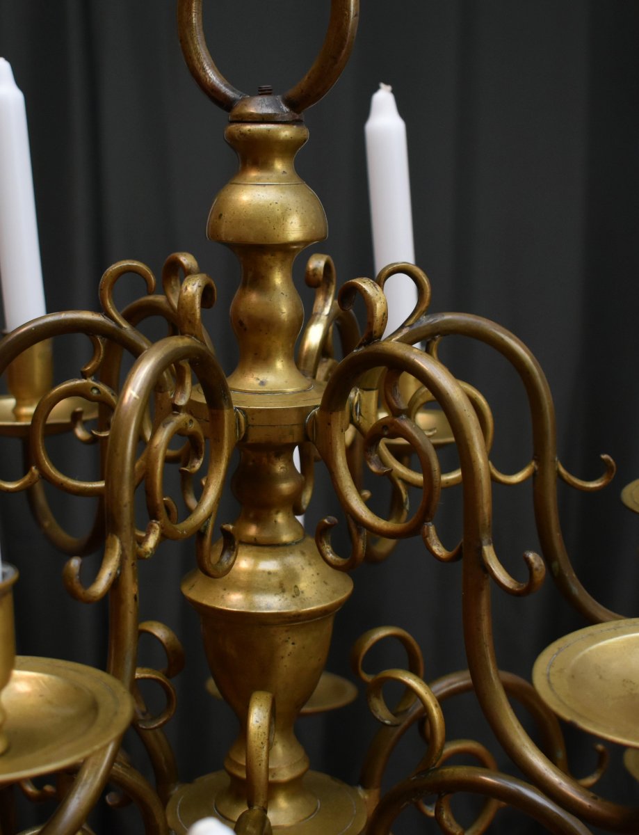 Dutch Chandelier In Bronze And Brass With 12 Lights On 2 Levels, Candle Lighting-photo-5