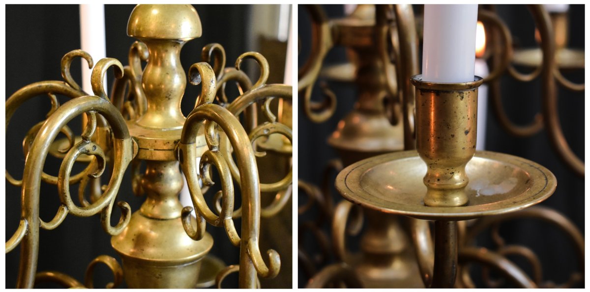 Dutch Chandelier In Bronze And Brass With 12 Lights On 2 Levels, Candle Lighting-photo-6