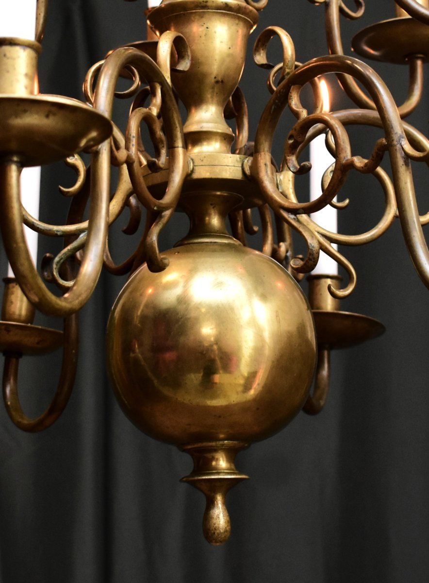 Dutch Chandelier In Bronze And Brass With 12 Lights On 2 Levels, Candle Lighting-photo-7