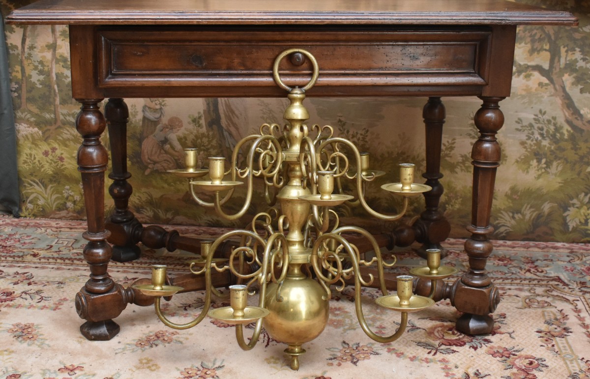 Dutch Chandelier In Bronze And Brass With 12 Lights On 2 Levels, Candle Lighting