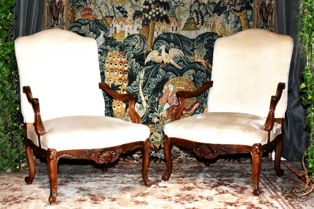 Pair Of Large Regency Style Armchairs With High Backs And Wide Seats, Velvet Fabric, 19th Century-photo-2
