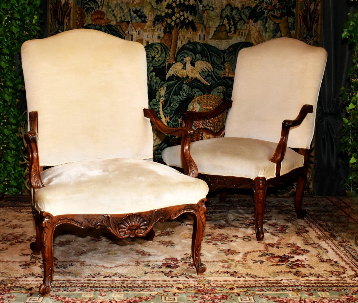 Pair Of Large Regency Style Armchairs With High Backs And Wide Seats, Velvet Fabric, 19th Century
