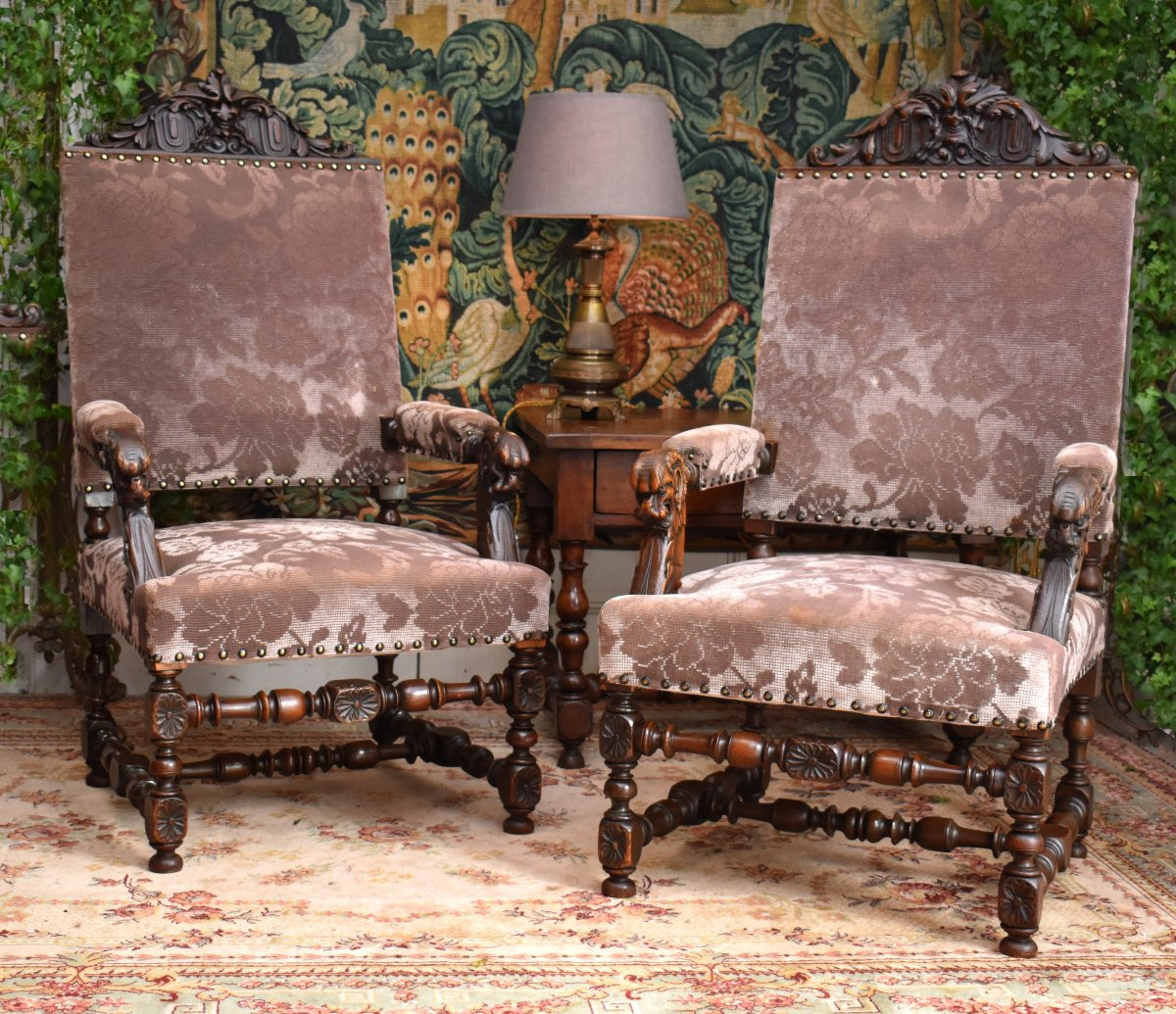 Pair Of Renaissance Style State Armchairs, 19th Century Seats In Solid Walnut, Velvet Fabric-photo-3