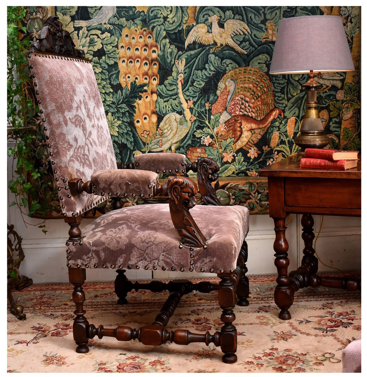 Pair Of Renaissance Style State Armchairs, 19th Century Seats In Solid Walnut, Velvet Fabric-photo-4
