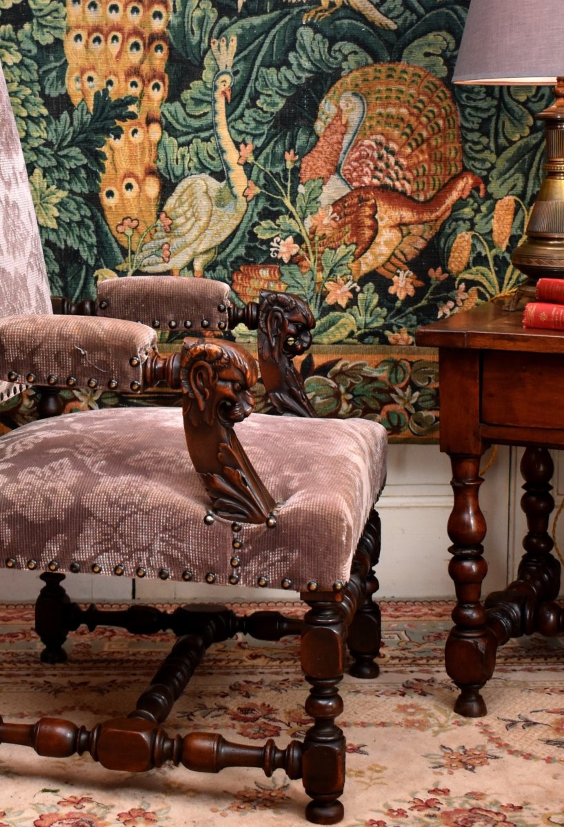 Pair Of Renaissance Style State Armchairs, 19th Century Seats In Solid Walnut, Velvet Fabric-photo-2