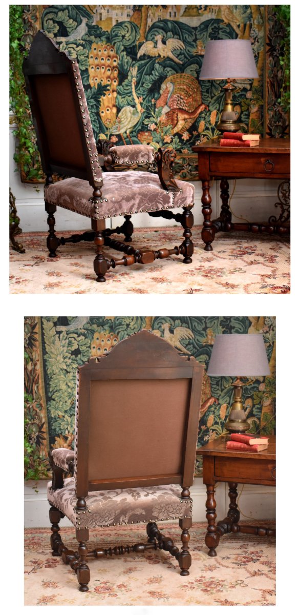 Pair Of Renaissance Style State Armchairs, 19th Century Seats In Solid Walnut, Velvet Fabric-photo-4