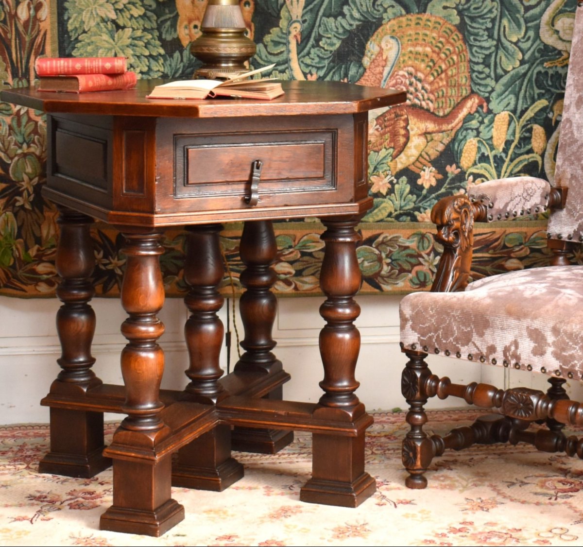 Guéridon octogonal , Table De Milieu  De Salon De Style Haute Epoque-renaissance-louis XIII    -photo-3