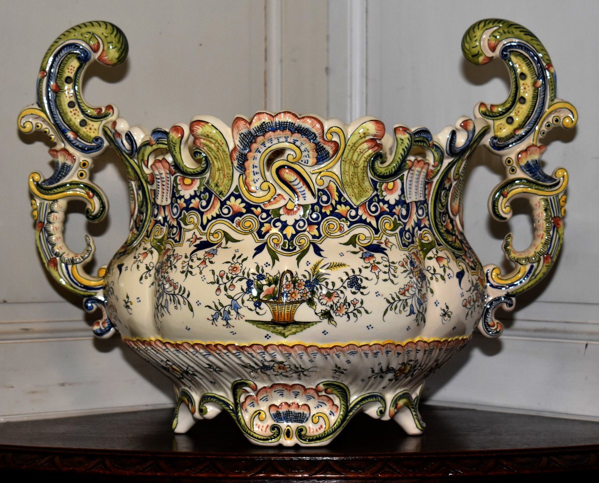Very Important Desvres Faience Cachepot, Rouen Decorated Bowl, Large Centerpiece-photo-2