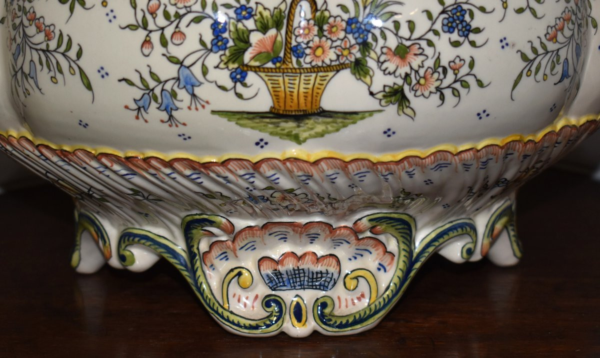 Very Important Desvres Faience Cachepot, Rouen Decorated Bowl, Large Centerpiece-photo-3