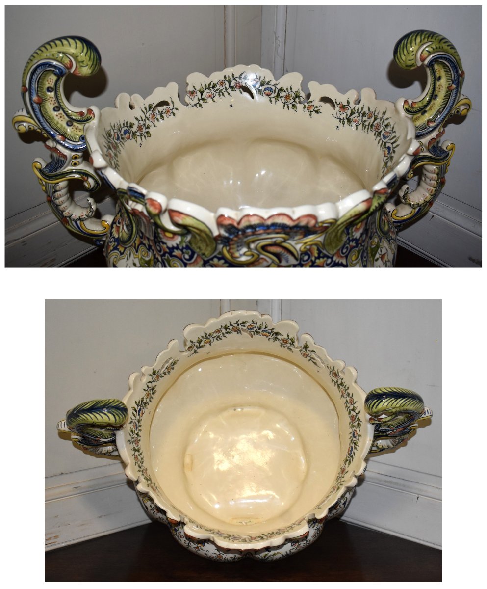 Very Important Desvres Faience Cachepot, Rouen Decorated Bowl, Large Centerpiece-photo-6