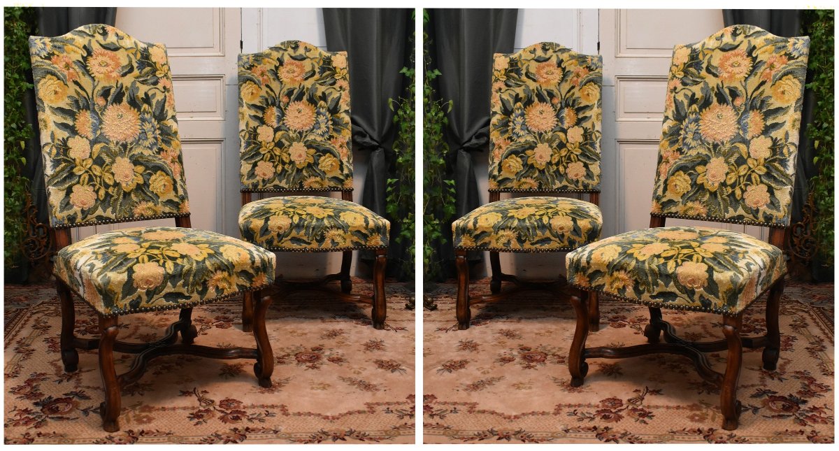 Paire De Chaises De Style Louis XIV En Noyer, Entrejambe En X, Pieds Console , tissu velours-photo-2