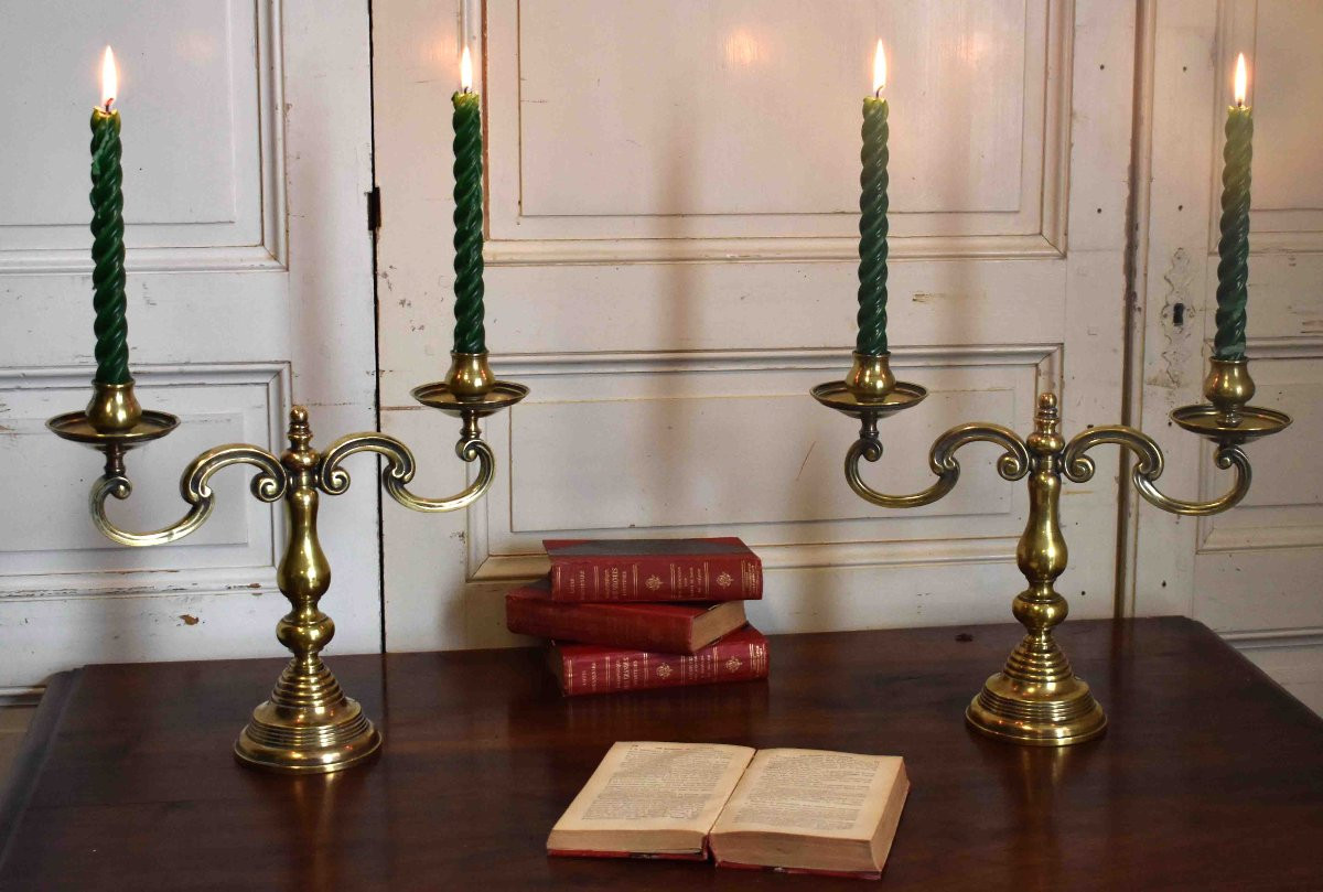 Pair Of Candlesticks, Two-arm Chandeliers, Brass Candelabra, Dutch Style-photo-3
