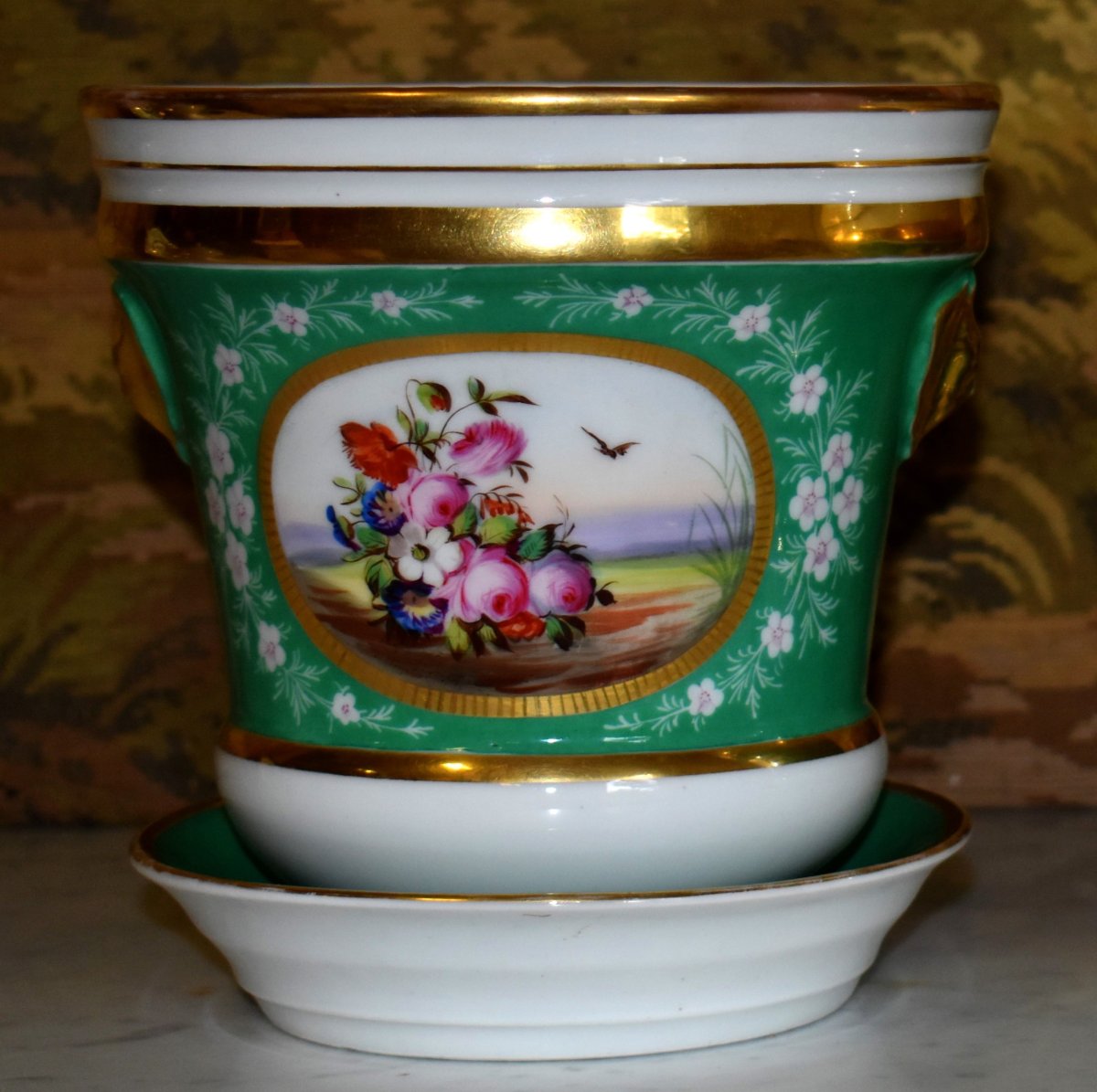 Paire De Cache Pots avec  Soucoupes, décor floral, bouquets de fleurs peints à la main, XIXe-photo-4