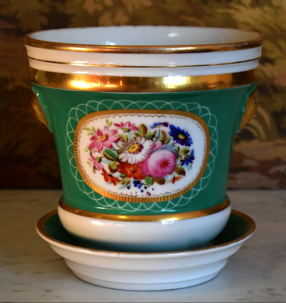 Paire De Cache Pots avec  Soucoupes, décor floral, bouquets de fleurs peints à la main, XIXe-photo-1