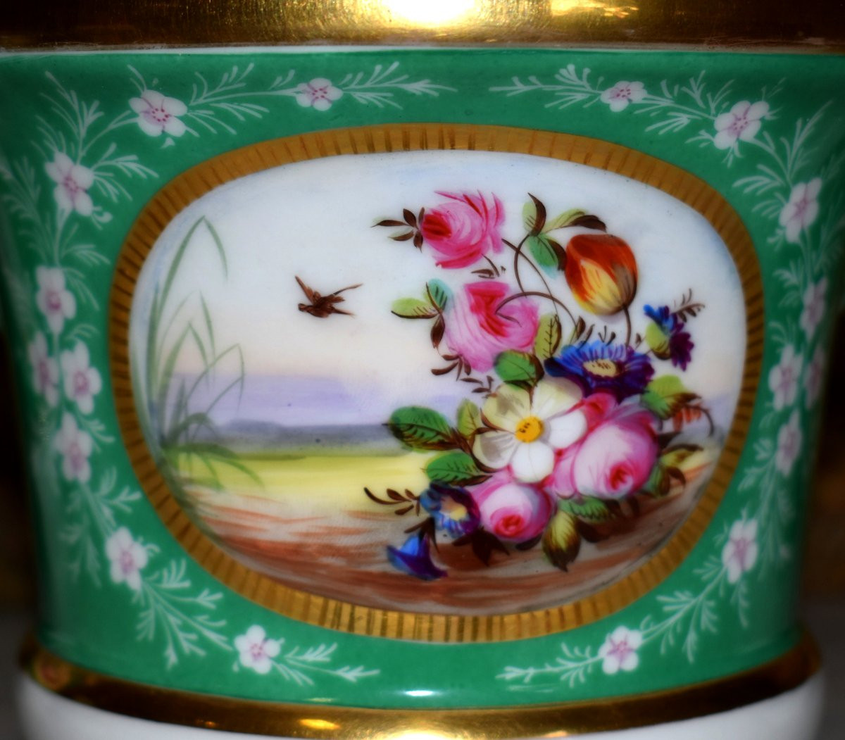 Paire De Cache Pots avec  Soucoupes, décor floral, bouquets de fleurs peints à la main, XIXe-photo-4