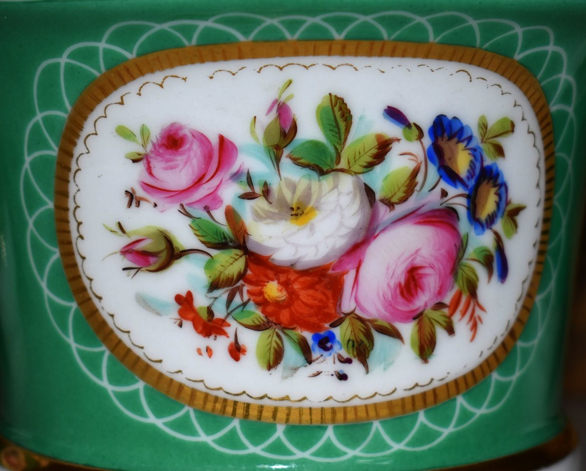 Paire De Cache Pots avec  Soucoupes, décor floral, bouquets de fleurs peints à la main, XIXe-photo-6