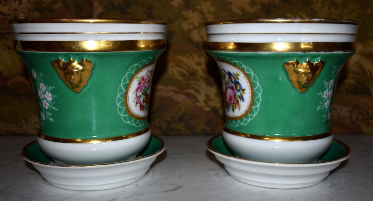 Paire De Cache Pots avec  Soucoupes, décor floral, bouquets de fleurs peints à la main, XIXe-photo-7