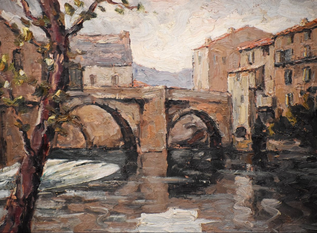 Marcel Azema - Billa (1904-1999) Paysage  Millau, Vue Du Vieux Pont. Huile Sur Toile Encadrée.-photo-4