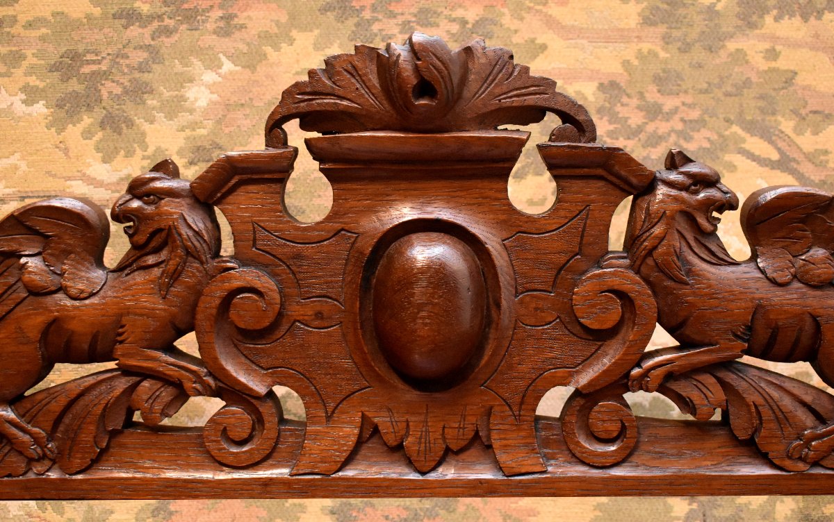  Carved And Openwork Wooden Paneling Element With Winged Griffins, Ornamental Oak Pediment-photo-4