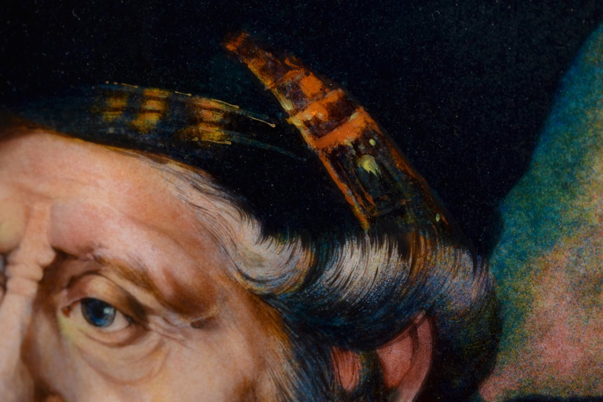 René Bonhomme, Limoges, Enamel, Enamel Plaque, Portrait Of An Old Man After Rembrandt, Enamels-photo-6