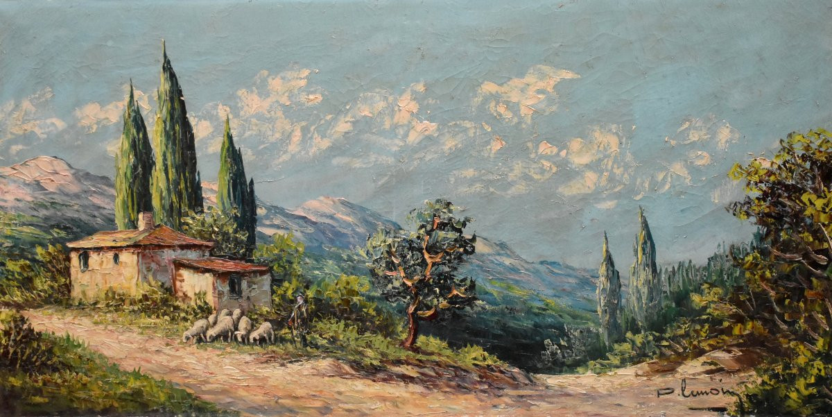 Pierre Lemoine (1920-2006) Landscape With A Shepherd And His Sheep Against A Mountain Backdrop-photo-2