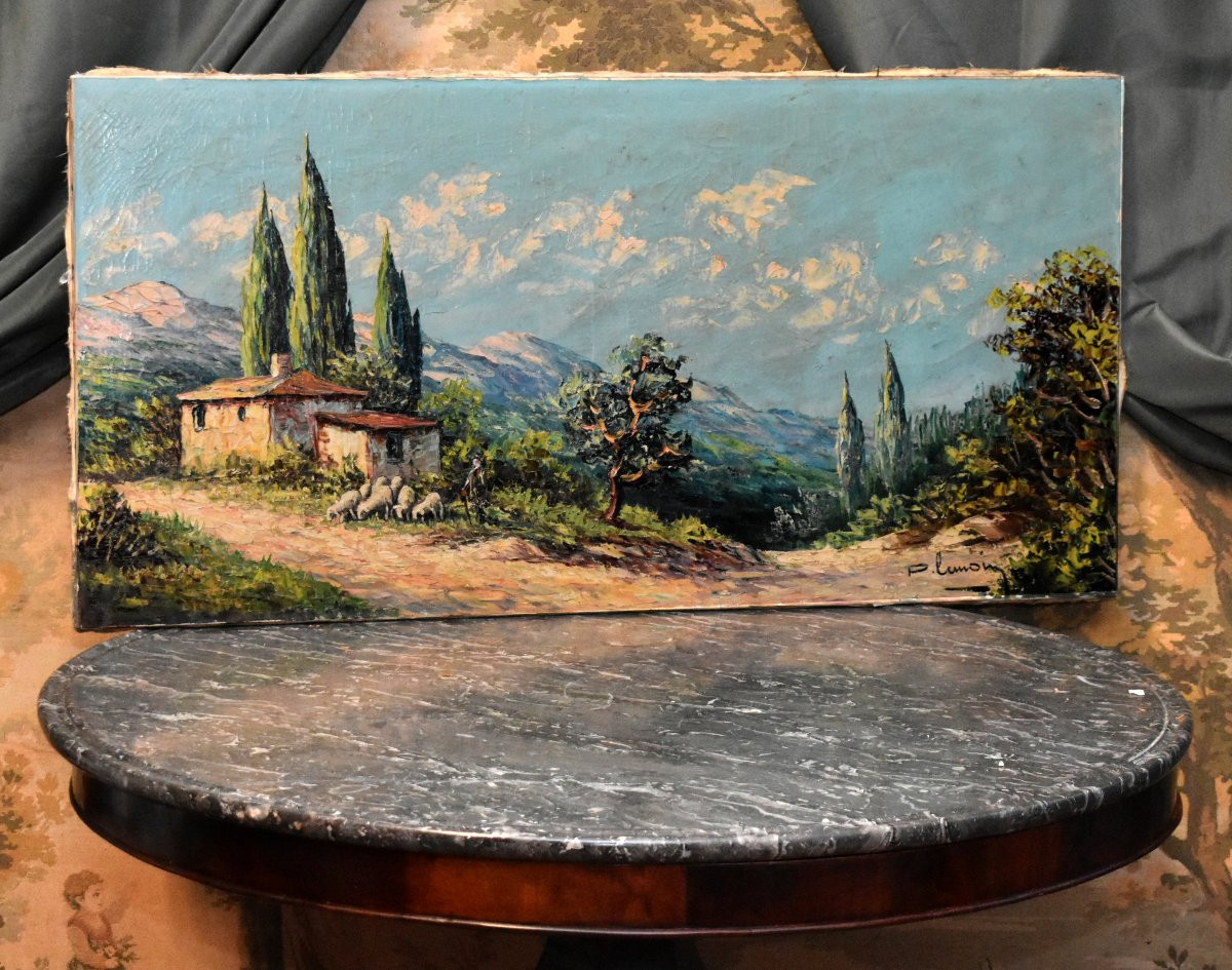 Pierre Lemoine (1920-2006) Landscape With A Shepherd And His Sheep Against A Mountain Backdrop-photo-3