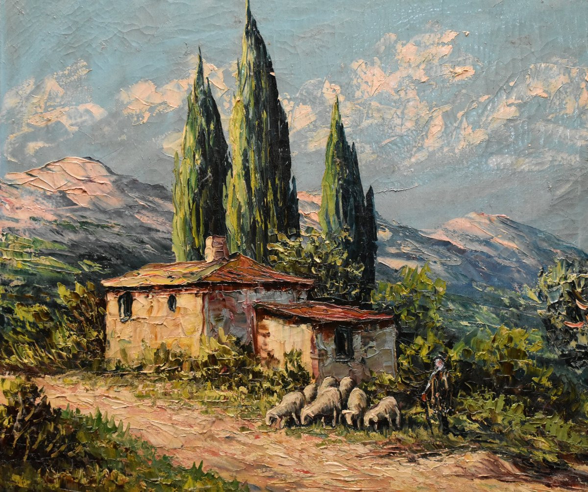 Pierre Lemoine (1920-2006) Landscape With A Shepherd And His Sheep Against A Mountain Backdrop-photo-4