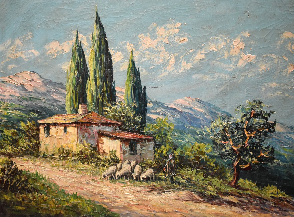 Pierre Lemoine (1920-2006) Landscape With A Shepherd And His Sheep Against A Mountain Backdrop-photo-1