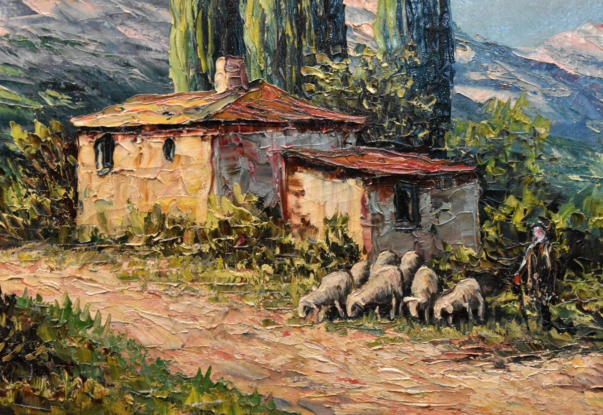 Pierre Lemoine (1920-2006) Landscape With A Shepherd And His Sheep Against A Mountain Backdrop-photo-2
