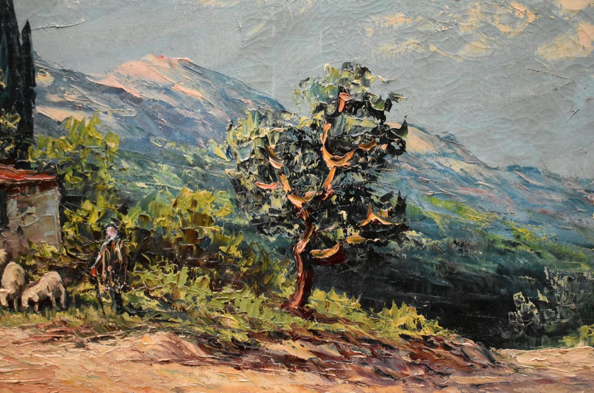 Pierre Lemoine (1920-2006) Landscape With A Shepherd And His Sheep Against A Mountain Backdrop-photo-4