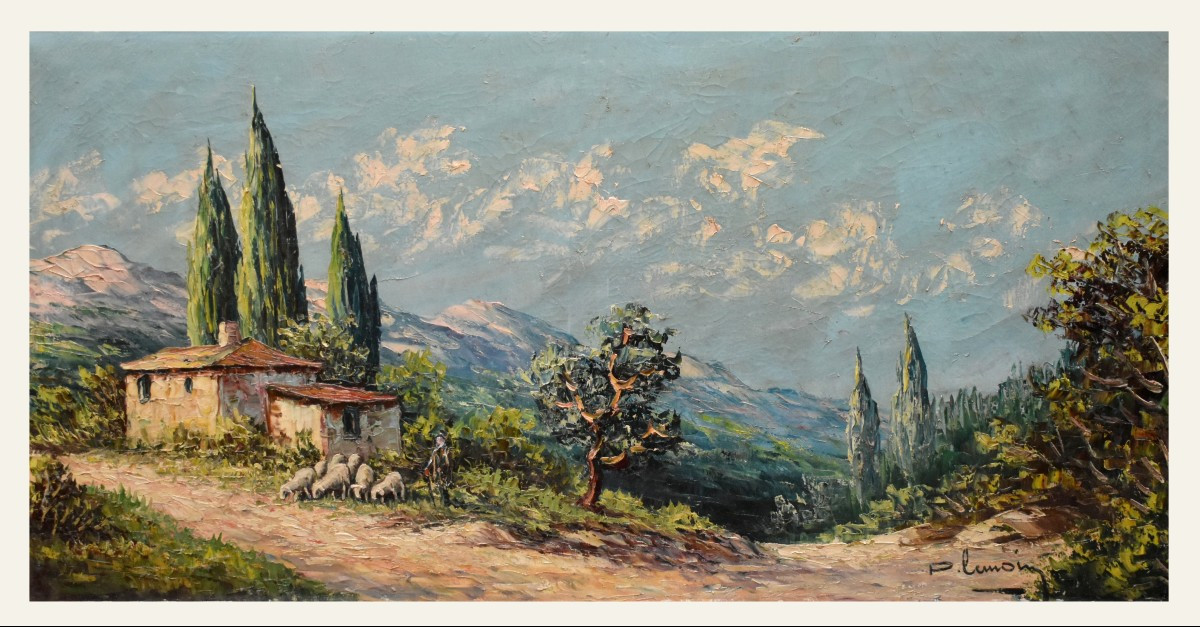 Pierre Lemoine (1920-2006) Landscape With A Shepherd And His Sheep Against A Mountain Backdrop