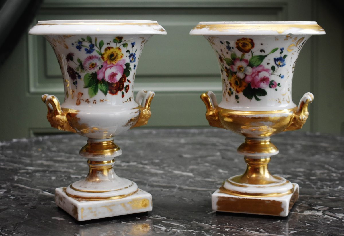 Pair Of Porcelain Vases From The Restoration Period, Floral Decoration, Hand-painted Bouquet Of Flowers-photo-2