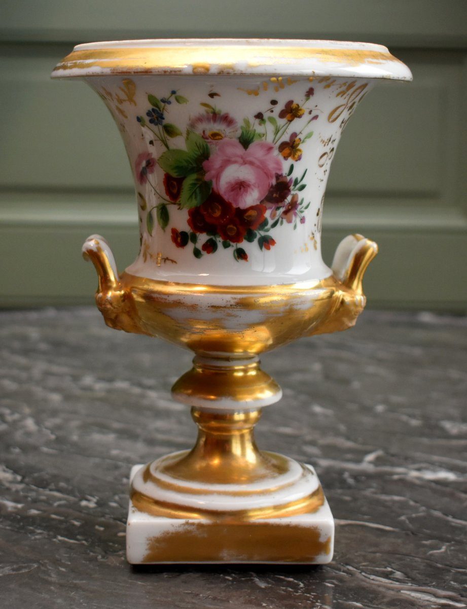 Pair Of Porcelain Vases From The Restoration Period, Floral Decoration, Hand-painted Bouquet Of Flowers-photo-3