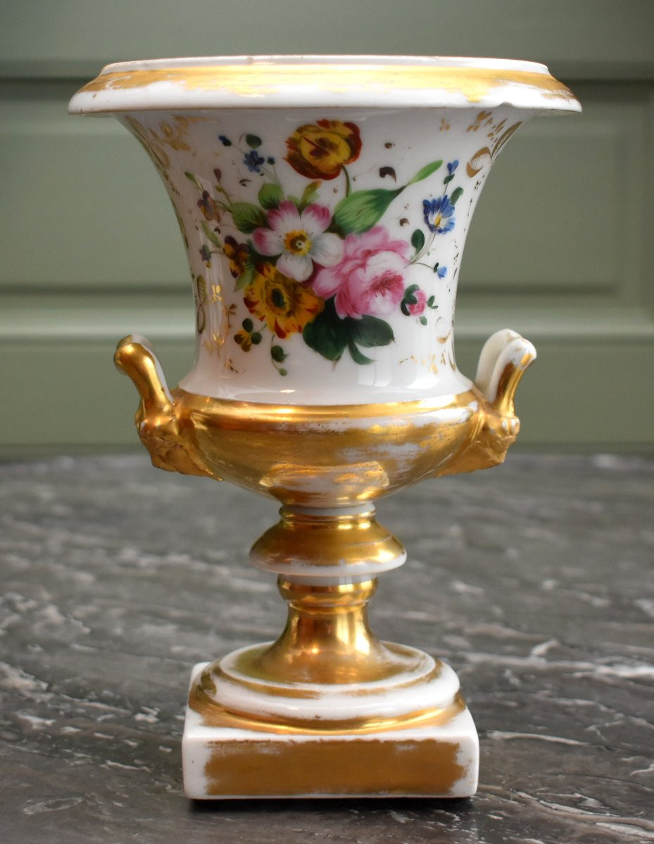Pair Of Porcelain Vases From The Restoration Period, Floral Decoration, Hand-painted Bouquet Of Flowers-photo-4