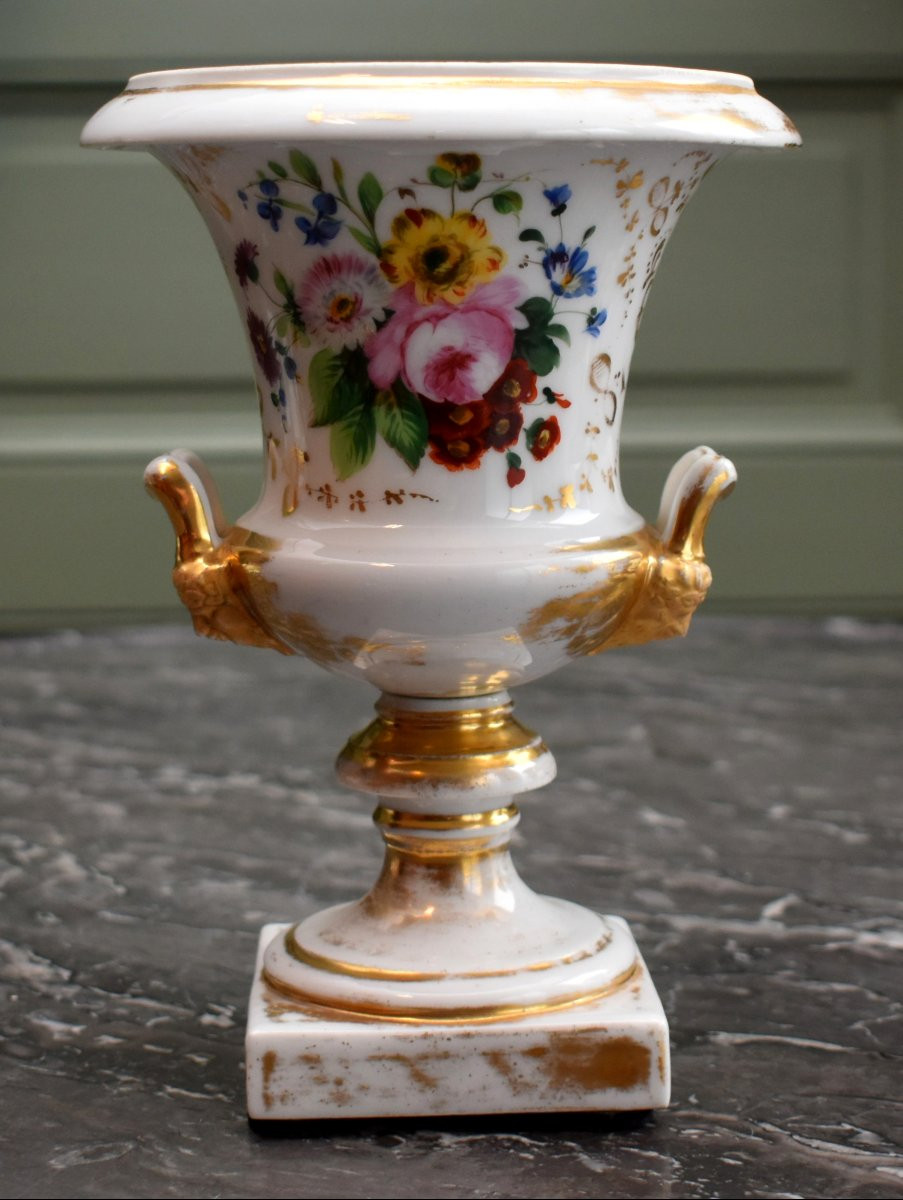 Pair Of Porcelain Vases From The Restoration Period, Floral Decoration, Hand-painted Bouquet Of Flowers-photo-1
